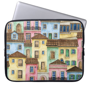 Lissabon-Häuser: Aquarellfarben-Muster. Laptopschutzhülle