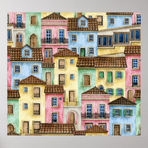 Lissabon-Häuser: Aquarellfarben-Muster. Poster