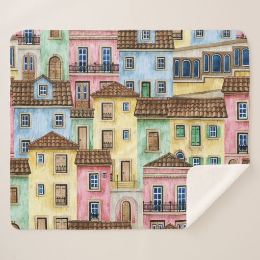 Lissabon-Häuser: Aquarellfarben-Muster. Sherpadecke (Vorderseite (Horizontal))