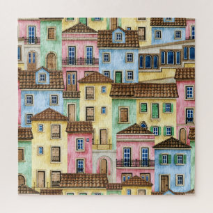 Lissabon Häuser: Wasserfarbenes Funikularmuster. Puzzle