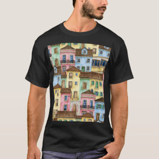 Lissabon Häuser: Wasserfarbenes Funikularmuster. T-Shirt