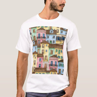 Lissabon Häuser: Wasserfarbenes Funikularmuster. T-Shirt