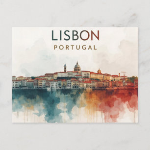 Lissabon Portugal Aquarell Skyline -Reise Kunst Postkarte