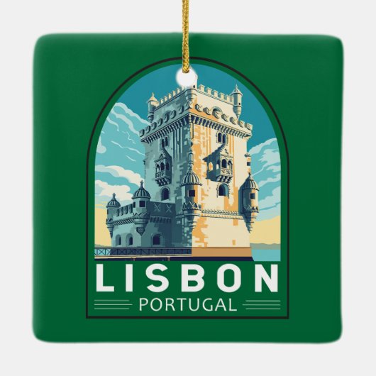 Lissabon Portugal Belem Tower Travel Retro Emblem Keramikornament (Rückseite)