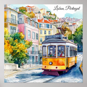 Lissabon Portugal Bunte Vintage Straßenbahn Szene Poster