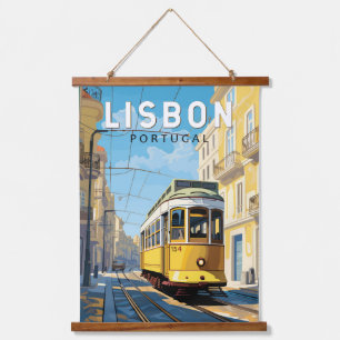 Lissabon Portugal Gelbe Straßenbahn Reise Kunst Vi Wandteppich Mit Holzrahmen
