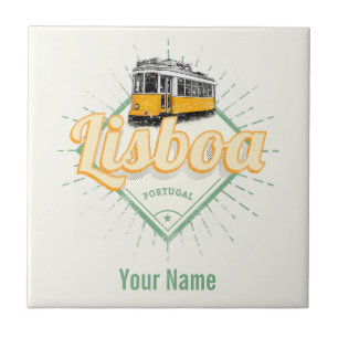 Lissabon Portugal mit Retro-Straßenbahn Vintage-Ur Fliese