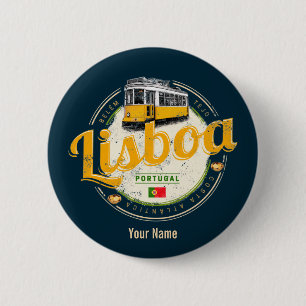 Lissabon Portugal mit Retro Tram Vintag Souvenir Button