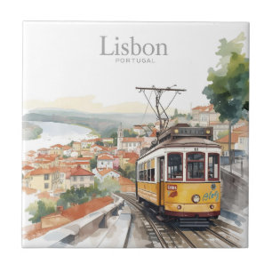 Lissabon Portugal Skyline - Vintage-Straßenbahn Re Fliese