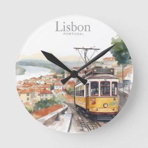 Lissabon Portugal Skyline - Vintage-Straßenbahn Re Runde Wanduhr