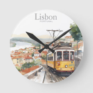 Lissabon Portugal Skyline - Vintage-Straßenbahn Re Runde Wanduhr