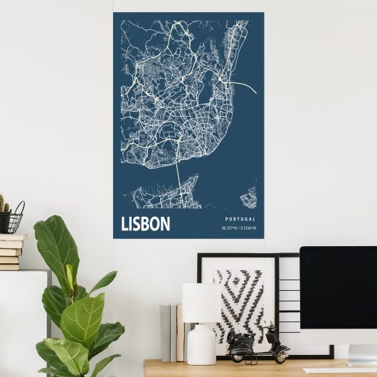 Lissabon - Portugal - Stadtplan Art Blue Print Poster (Heimbüro)