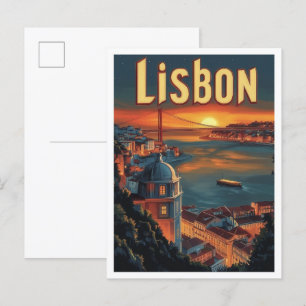 Lissabon Portugal Vintage Travel Illustration Postkarte