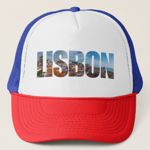 Lissabon-Text bestehend aus einem Panoramablick au Truckerkappe