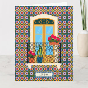 Lissaboner Hausfenster mit Fliesen und Pflanze Karte