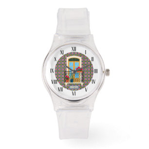 Lissaboner Hausfenster mit Pflanze und Fliesen Armbanduhr