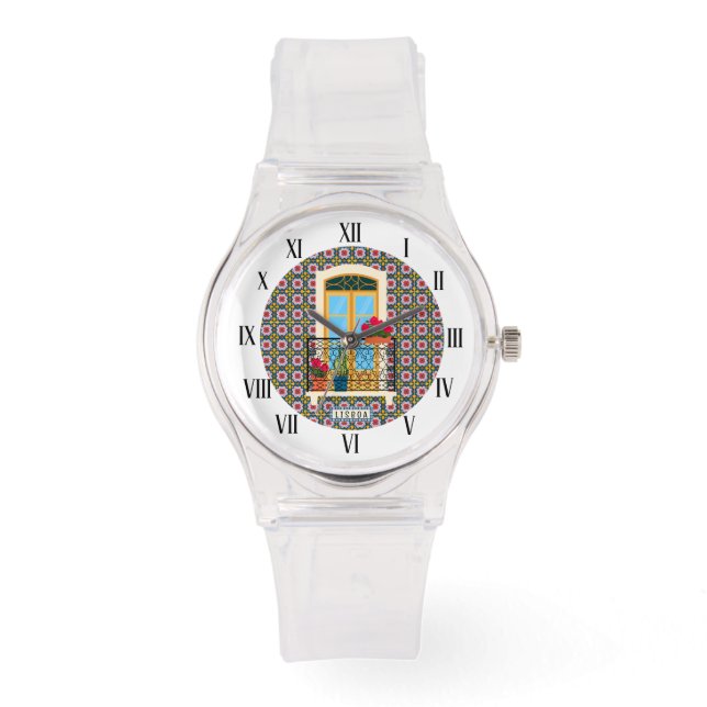 Lissaboner Hausfenster mit Pflanze und Fliesen Armbanduhr (Vorderseite)