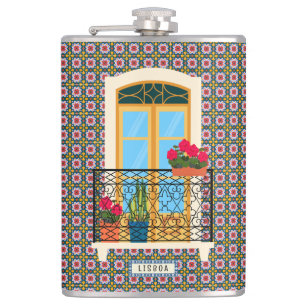 Lissaboner Hausfenster mit Pflanze und Fliesen Flachmann