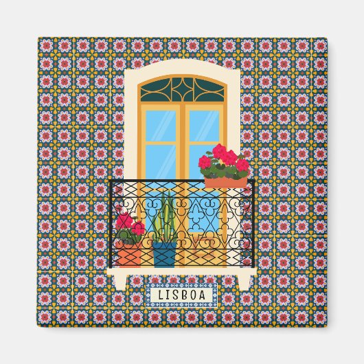 Lissaboner Hausfenster mit Pflanze und Fliesen Magnet (Vorne)