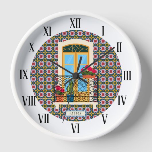 Lissaboner Hausfenster mit Pflanze und Fliesen Uhr (Vorderseite)