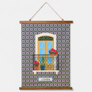 Lissaboner Hausfenster mit Pflanze und Fliesen Wandteppich Mit Holzrahmen