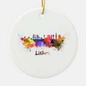 Lissabonner Skyline in Aquarellfarben Keramik Ornament (Vorne)