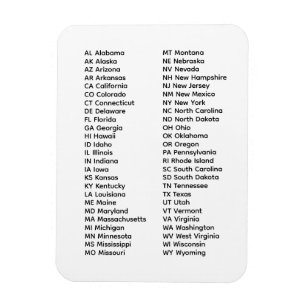 Liste der 50 Bundesstaaten in alphabetischer Reihe Magnet