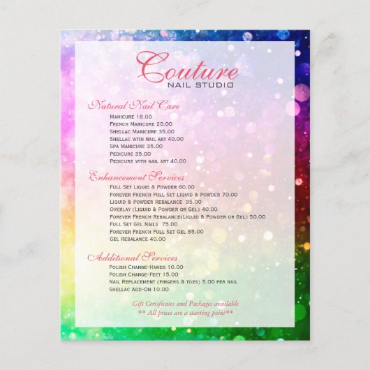 Liste der farbigen Bokeh-Glitzer Flyer (Vorne)
