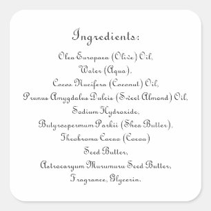 Liste der Inhaltsstoffe von Seife und Pflegeproduk Quadratischer Aufkleber