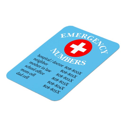 Liste der Notrufnummern auf blau Magnet (Linke Seite)