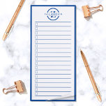Liste mit dem modernen blauen Monogramm Magnetischer Notizblock<br><div class="desc">Ein weiteres nützliches Notizblock von JessicaAmber! Jetzt können Sie alle wichtigen Aufgaben an einem Ort behalten haben. Dieses minimalistisch weiße Notizbuch weist einen blauen Rahmen auf, und Text in einem Kreis, der den Namen über ein Monogramm für Buchstaben sagt. Sie können den Text und die Farben nach Bedarf im Bildschirm...</div>