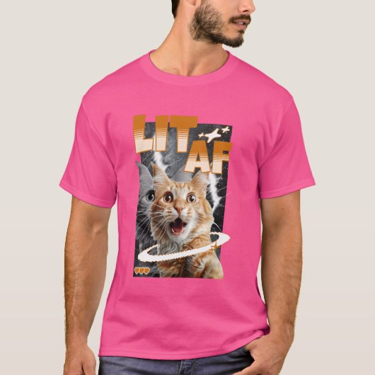 Lit Af Funny Cat Meme Face Y2K Galaxy Ästhetik T-Shirt (Vorderseite)