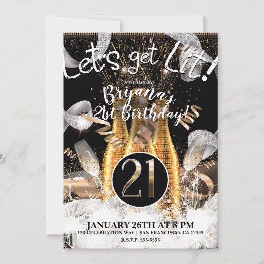 Lit Gold Champagner Flaschen 21. Party Einladung (Vorderseite)
