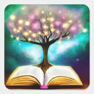 Lit Tree & Open Book Quadratischer Aufkleber