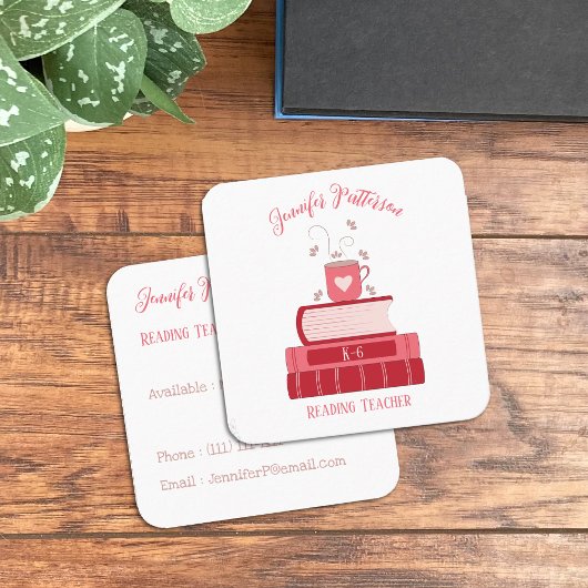 Literacy Coach Red Books Square Business Cards Quadratische Visitenkarte