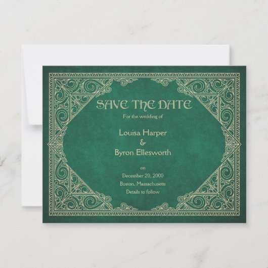 Literarische Hochzeit des Bibliotheksbuches Grüne Save The Date (Vorderseite)