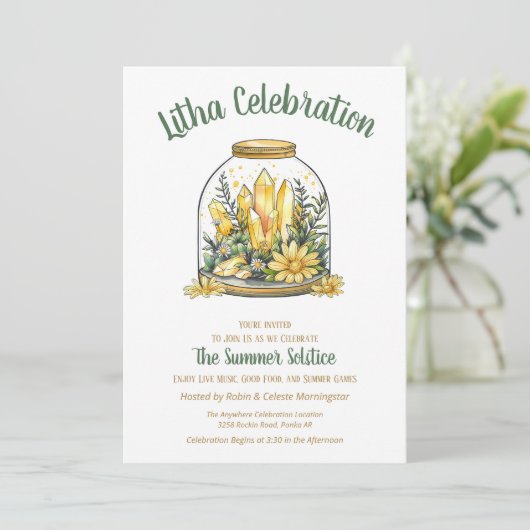 Litha Summer Floral Greenery & Citrine Crystals Einladung (Stehend Vorderseite)