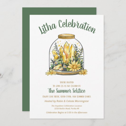 Litha Summer Floral Greenery & Citrine Crystals Einladung (Vorne/Hinten)