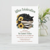 Litha Summer Solstice Sonnenblumen Cat & Books Einladung (Stehend Vorderseite)