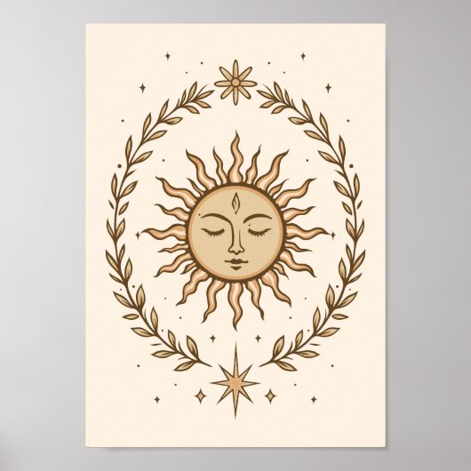 Litha Sun Face Botanical Wreath Celestial Art Poster (Vorne)