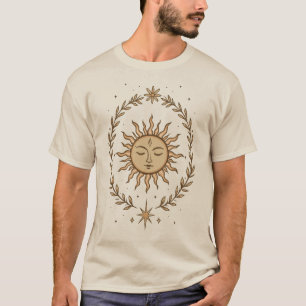 Litha Sun Face Botanical Wreath Celestial Art T-Shirt