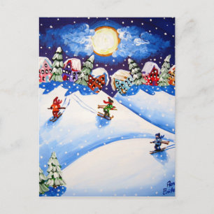 Litte Skiers Winter Folk Art Postkarte