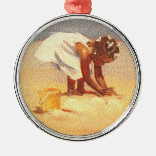 Little African Girl on Beach Silbernes Ornament (Vorne)