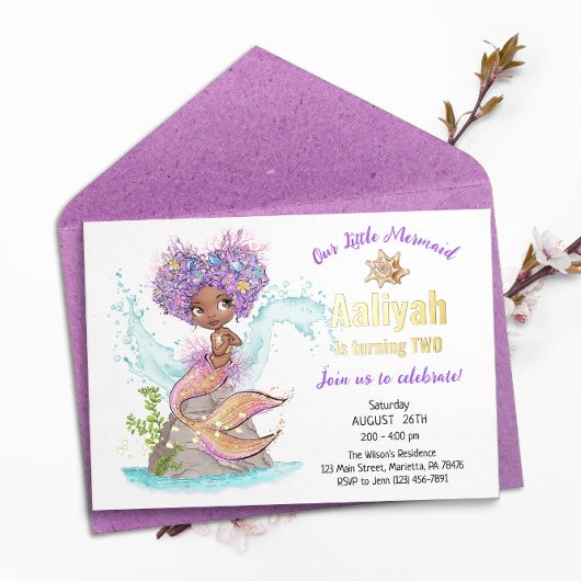 Little Afroamerican Mermaid Birthday Real Foil Inv Folieneinladung