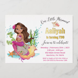 Little Afroamerican Mermaid Birthday Real Foil Inv Folieneinladung