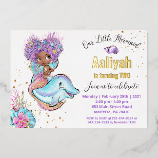 Little Afroamerican Mermaid Birthday Real Folieneinladung