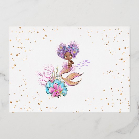 Little Afroamerican Mermaid Birthday Real Folieneinladung (Rückseite)