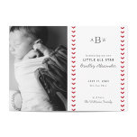 Little All Star Baseball Baby Birth Announcement Ankündigung<br><div class="desc">This baseball themed baby birth announcement card is designed to resemble a white baseball with red stitching. The front of the card features a custom photo of the new baby, making it a special and personalized keepsake. The back of the card features a striped pattern, adding a classic touch to...</div>