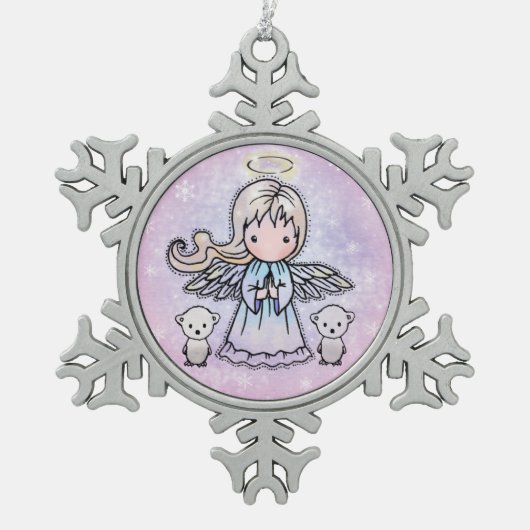Little Angel and Polar Bears Schneeflocken Zinn-Ornament (Vorderseite)