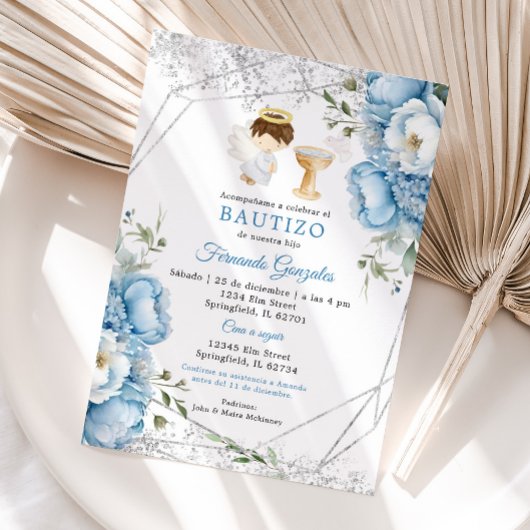 Little Angel Blume Dusty Blue Silver Boy Bautizo Einladung